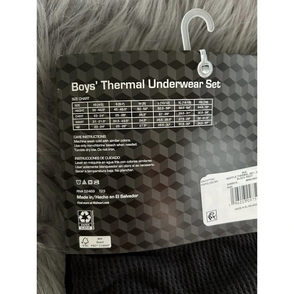 Athletic Works Thermal Underwear Set Boys Size‎ Medium Black Waffle Pajama Set